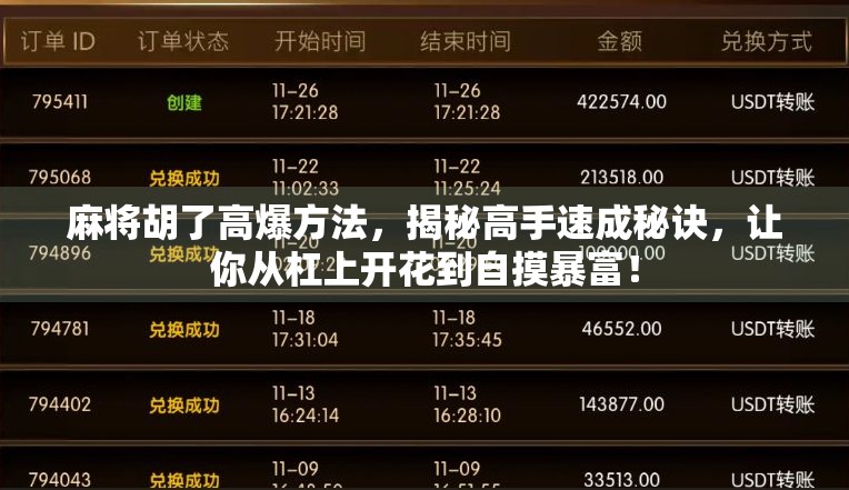 麻将胡了高爆方法，揭秘高手速成秘诀，让你从杠上开花到自摸暴富！